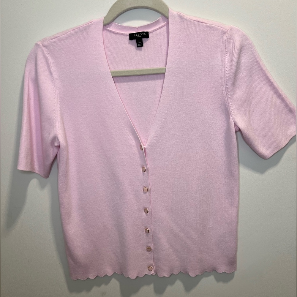 Talbots Petite Pink Scallop Button Cardigan Short Sleeve SP